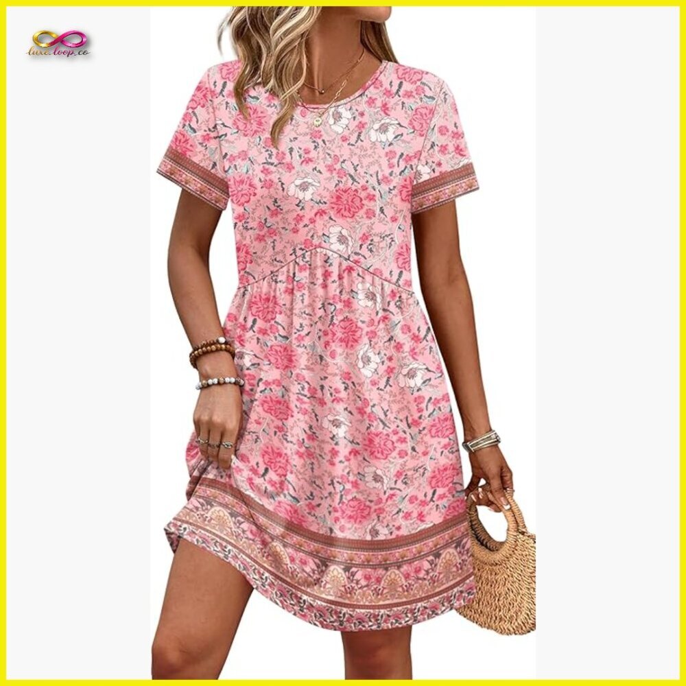 Boho Maxi Dress Loose Fit Empire Waist Short Sleeve Casual Summer Maternity